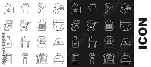 Set line Pet carry case, food bowl, Diaper for dog, Hair dryer, stroller, clipper pet, first aid kit and icon. Vector