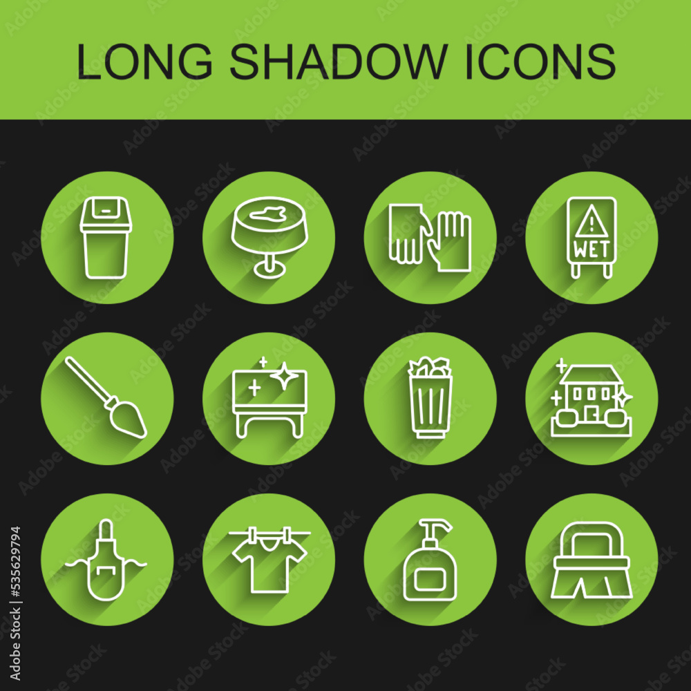 Set line Kitchen apron, Drying clothes, Trash can, Bottle of liquid soap, Brush for cleaning, Clean table, Home service and Full trash icon. Vector Set line Kitchen apron, Drying clothes, Trash can, Bottle of liquid soap, Brush for cleaning, Clean table, Home service and Full trash icon. Vector