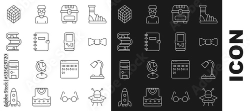 Set line UFO flying spaceship, Table lamp, Bow tie, Antique treasure chest, Spiral notebook, Book, Rubik cube and Tetris icon. Vector