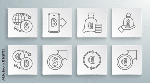 Set line Cryptocurrency exchange, Mining bitcoin from mobile, Financial growth and dollar, Coin money with euro symbol, Hand holding bag and Money icon. Vector