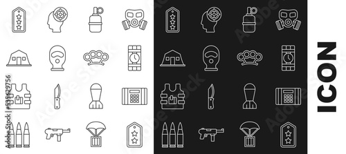 Set line Military rank, Dynamite bomb, and timer clock, Hand grenade, Balaclava, barracks, and Brass knuckles icon. Vector