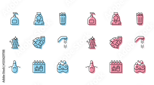 Set line Kitchen apron, Cleaning calendar, Bottle of liquid soap, Sponge, Socks, Shower head, vase and lady service icon. Vector