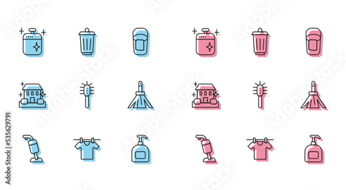 Set line Vacuum cleaner, Drying clothes, Clean cooking pot, Bottle of liquid soap, Toilet brush, Handle broom, Home cleaning service and Trash can icon. Vector