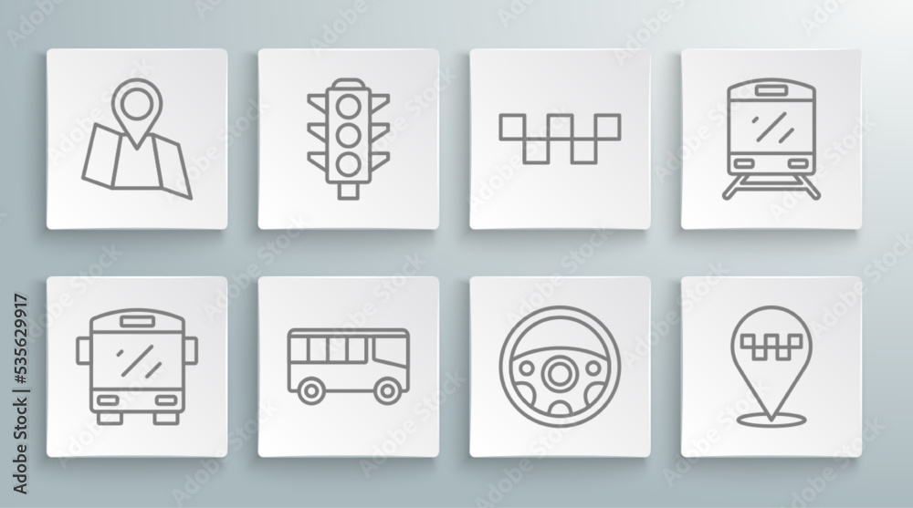 Set line Bus, Traffic light, Steering wheel, Location with taxi, Taxi car roof, Train and Folded map location icon. Vector