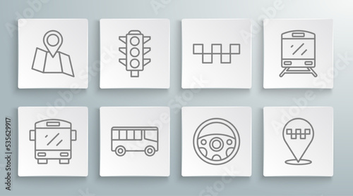 Set line Bus  Traffic light  Steering wheel  Location with taxi  Taxi car roof  Train and Folded map location icon. Vector
