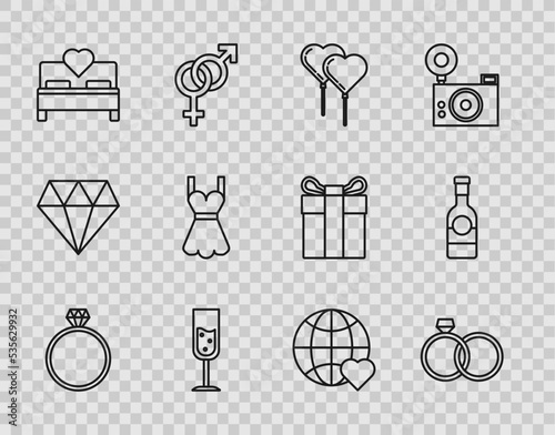 Set line Diamond engagement ring, Wedding rings, Balloons form of heart with ribbon, Glass champagne, Bedroom, Woman dress, The world love and Champagne bottle icon. Vector