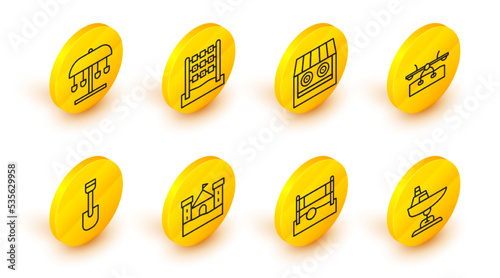 Set line Swing boat, Volleyball net with ball, Sand castle, Shovel toy, Seesaw, Shooting gallery, Tic tac toe game and Attraction carousel icon. Vector
