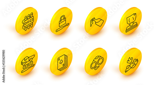 Set line Burning car, Handcuffs, Playing cards, Car theft, Kidnaping, Cocktail molotov, Lock picks for lock picking and Dynamite timer clock icon. Vector