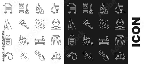 Set line Emergency car, Walker, Poor eyesight, Woman in wheelchair, Crutch crutches, Blind human holding stick, and Joint pain, knee pain icon. Vector