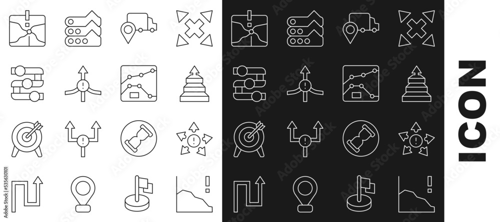 Set line Financial growth decrease, Many ways directional arrow, Pyramid chart infographics, Delivery tracking, Arrow, Graph, chart, diagram, Intersection point and icon. Vector Set line Financial growth decrease, Many ways directional arrow, Pyramid chart infographics, Delivery tracking, Arrow, Graph, chart, diagram, Intersection point and icon. Vector