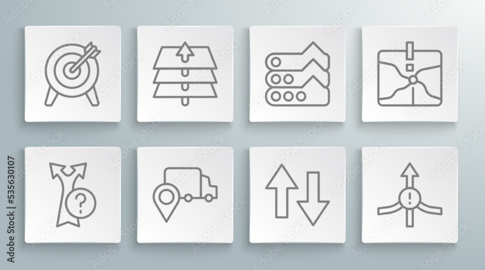 Fototapeta premium Set line Arrow, Layers, Delivery tracking, Graph, chart, diagram, Intersection point and Target icon. Vector