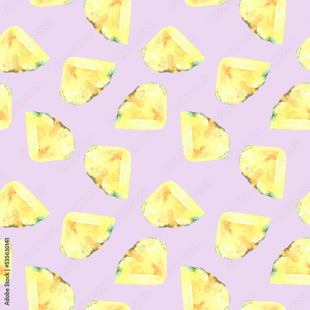 Watercolor lilac seampless pattern pineapple slice, juicy fruit illustration, white bright background, colorful Pattern for kids, wallpaper,digital paper, repeating background,fabric,gift wrap, print