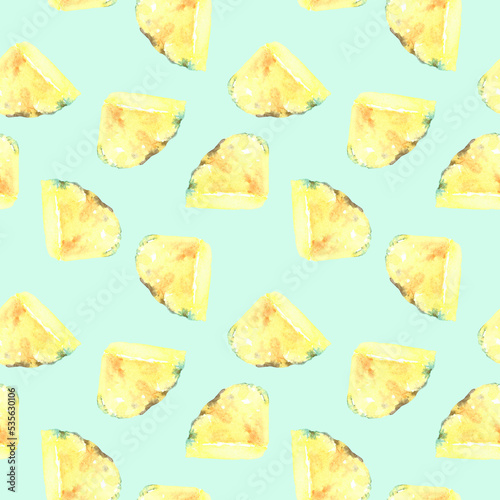 Watercolor turquoise seampless pattern pineapple slice, juicy fruit illustration, white bright background, colorful Pattern for kids, wallpaper,digital paper, repeating background,fabric,gift wrap 