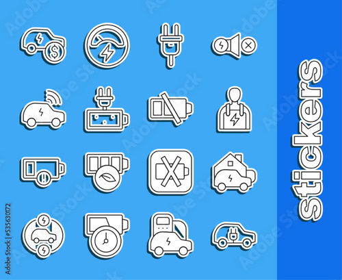 Set line Electric car, Charging at home, Car mechanic, plug, Battery charge, Smart system, price and Low battery icon. Vector