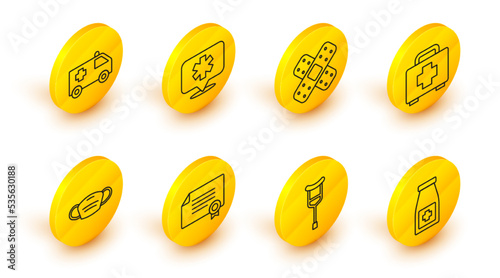 Set line Medicine bottle and pills, Crutch or crutches, Certificate template, Medical protective mask, First aid kit, Crossed bandage plaster, Location hospital and Ambulance car icon. Vector