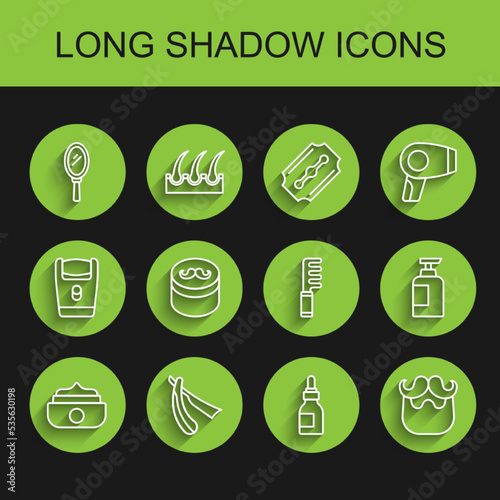 Set line Gel or wax for hair styling, Straight razor, Hand mirror, Oil bottle, Mustache beard, Bottle of shampoo and Hairbrush icon. Vector
