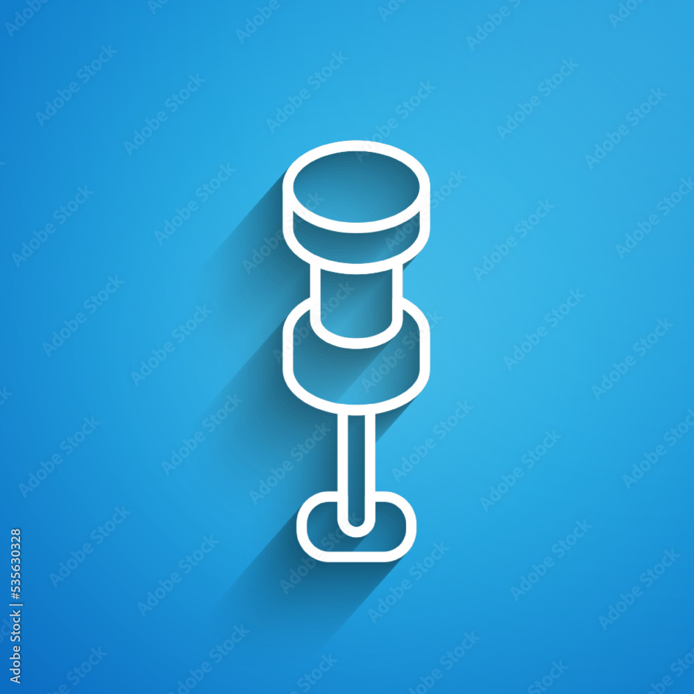 White line Push pin icon isolated on blue background. Thumbtacks sign. Long shadow. Vector White line Push pin icon isolated on blue background. Thumbtacks sign. Long shadow. Vector