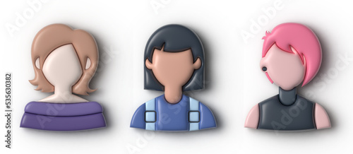 Set of vector 3d avatars. young stylish people. Element for design and illustrations. bubble style. Creative informal style. Girls.
