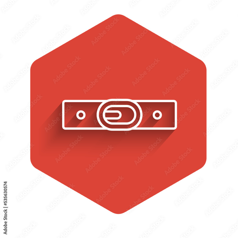White line Leather belt with buttoned steel buckle icon isolated with long shadow background. Red hexagon button. Vector White line Leather belt with buttoned steel buckle icon isolated with long shadow background. Red hexagon button. Vector