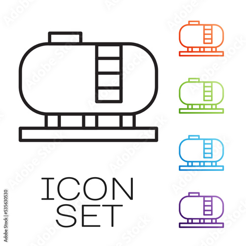 Black line Oil tank storage icon isolated on white background. Vessel tank for oil and gas industrial. Oil tank technology station. Set icons colorful. Vector