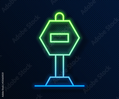 Glowing neon line Stop sign icon isolated on blue background. Traffic regulatory warning stop symbol. Vector