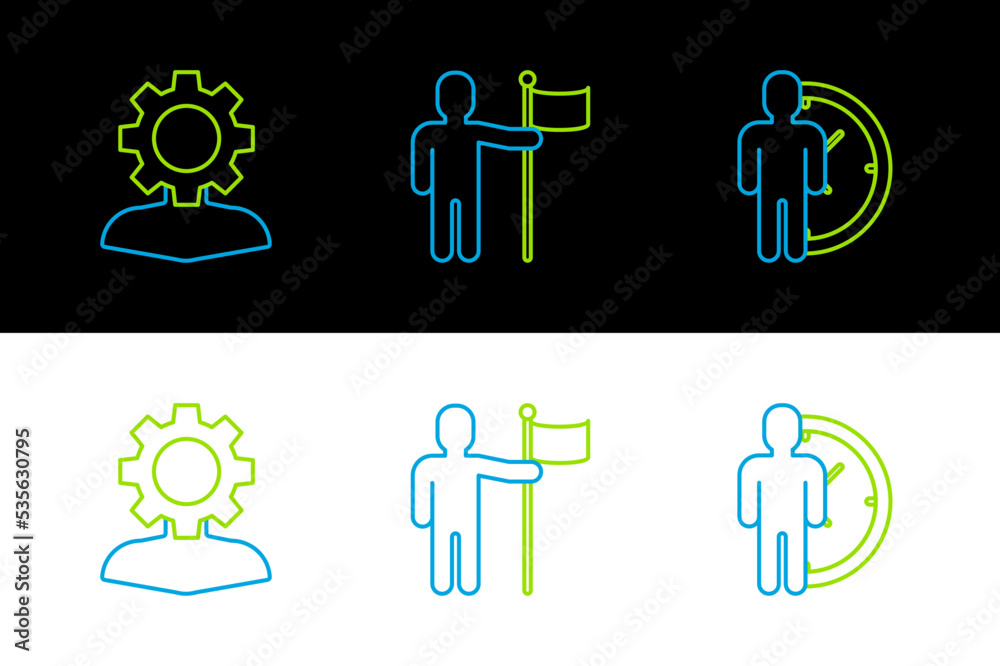 Set line Time Management, Human with gear inside and holding flag icon. Vector Set line Time Management, Human with gear inside and holding flag icon. Vector