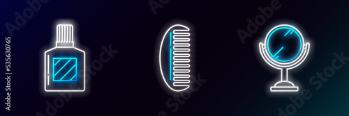 Set line Hand mirror, Aftershave and Hairbrush icon. Glowing neon. Vector