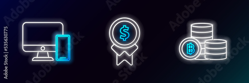 Set line Cryptocurrency coin Bitcoin, Computer monitor and mobile phone and Reward for good work icon. Glowing neon. Vector