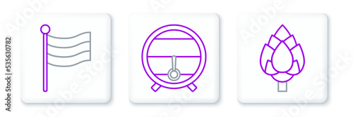 Set line Hop, National Germany flag and Wooden barrel rack with stopcock icon. Vector