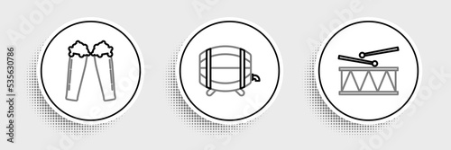 Set line Musical instrument drum and drum sticks, Glass of beer and Wooden barrel on rack with stopcock icon. Vector