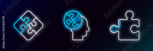 Set line Piece of puzzle, and Human head puzzles strategy icon. Glowing neon. Vector