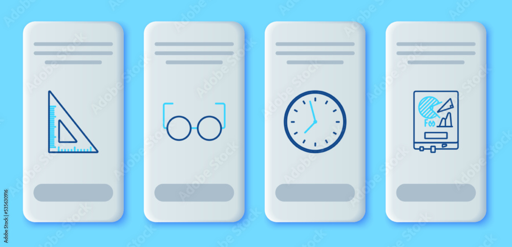 Set line Glasses, Clock, Triangular ruler and Board with graph chart icon. Vector