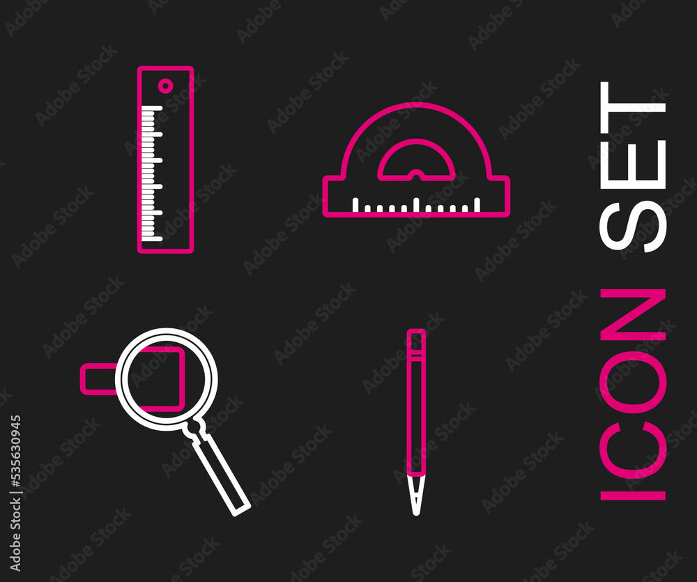 Set line Pencil with eraser, Magnifying glass, Protractor grid for measuring degrees and Ruler icon. Vector