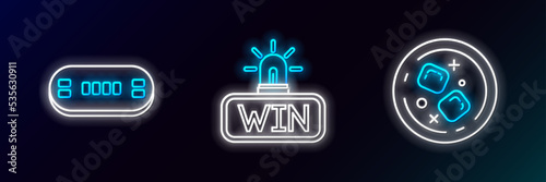 Set line Glass of whiskey and ice cubes, Poker table and Casino win icon. Glowing neon. Vector