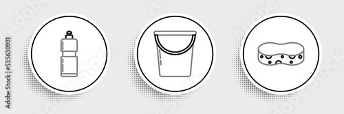 Set line Sponge, Plastic bottles for liquid dishwashing liquid and Bucket icon. Vector