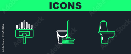 Set line Toilet bowl, Vacuum cleaner and Mop and bucket icon. Vector