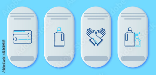 Set line Plastic bottles for liquid dishwashing liquid, Rubber gloves, Towel stack and icon. Vector