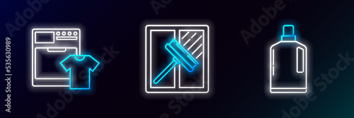 Set line Plastic bottles for liquid dishwashing liquid, Washer and t-shirt and Squeegee, scraper, wiper icon. Glowing neon. Vector