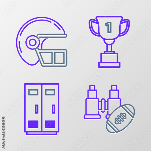 Set line Binoculars and american football ball, Locker or changing room for football, basketball team or workers, Award cup and American helmet icon. Vector