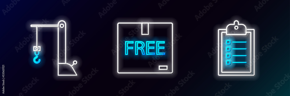 Set line Verification of delivery list clipboard, Harbor port crane and Cardboard box with free symbol icon. Glowing neon. Vector Set line Verification of delivery list clipboard, Harbor port crane and Cardboard box with free symbol icon. Glowing neon. Vector