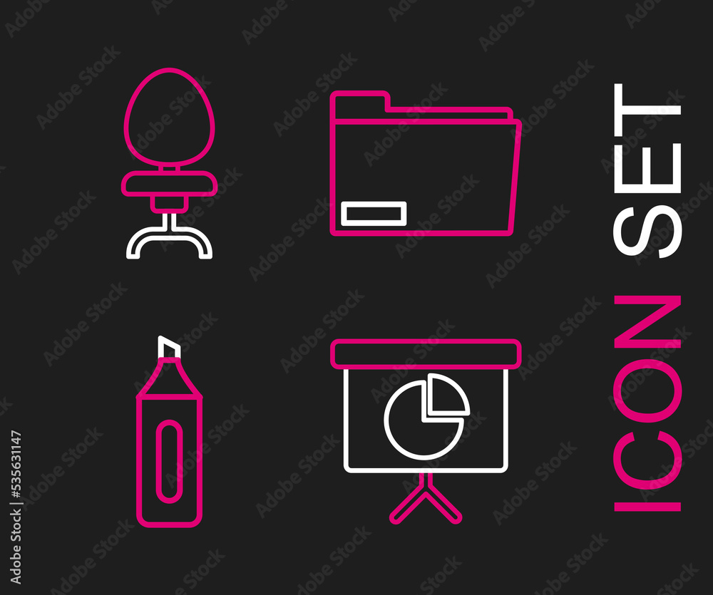 Set line Presentation financial board with graph, schedule, chart, diagram, infographic, pie graph, Marker pen, Document folder and Office chair icon. Vector Set line Presentation financial board with graph, schedule, chart, diagram, infographic, pie graph, Marker pen, Document folder and Office chair icon. Vector