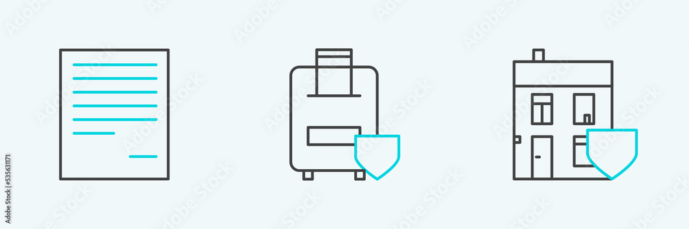 Set line House with shield, Document and Traveling baggage insurance icon. Vector