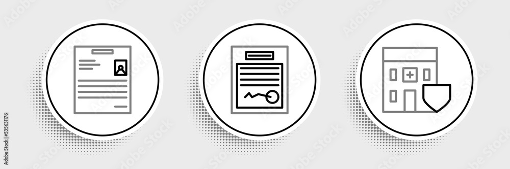Set line Medical hospital building with shield, Personal document and Filled form icon. Vector Set line Medical hospital building with shield, Personal document and Filled form icon. Vector
