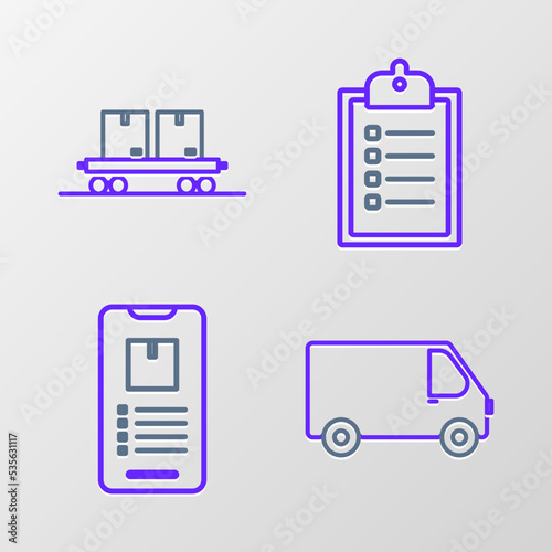 Set line Delivery cargo truck vehicle, Mobile phone with app delivery tracking, Verification of list clipboard and Railway carriage icon. Vector