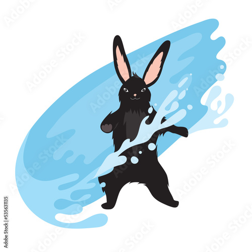 Black water rabbit isolated on white background. Belligerent Rabbit controlling the element of water. Lord of the Water