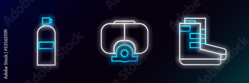 Set line Boots, Aqualung and Diving mask icon. Glowing neon. Vector