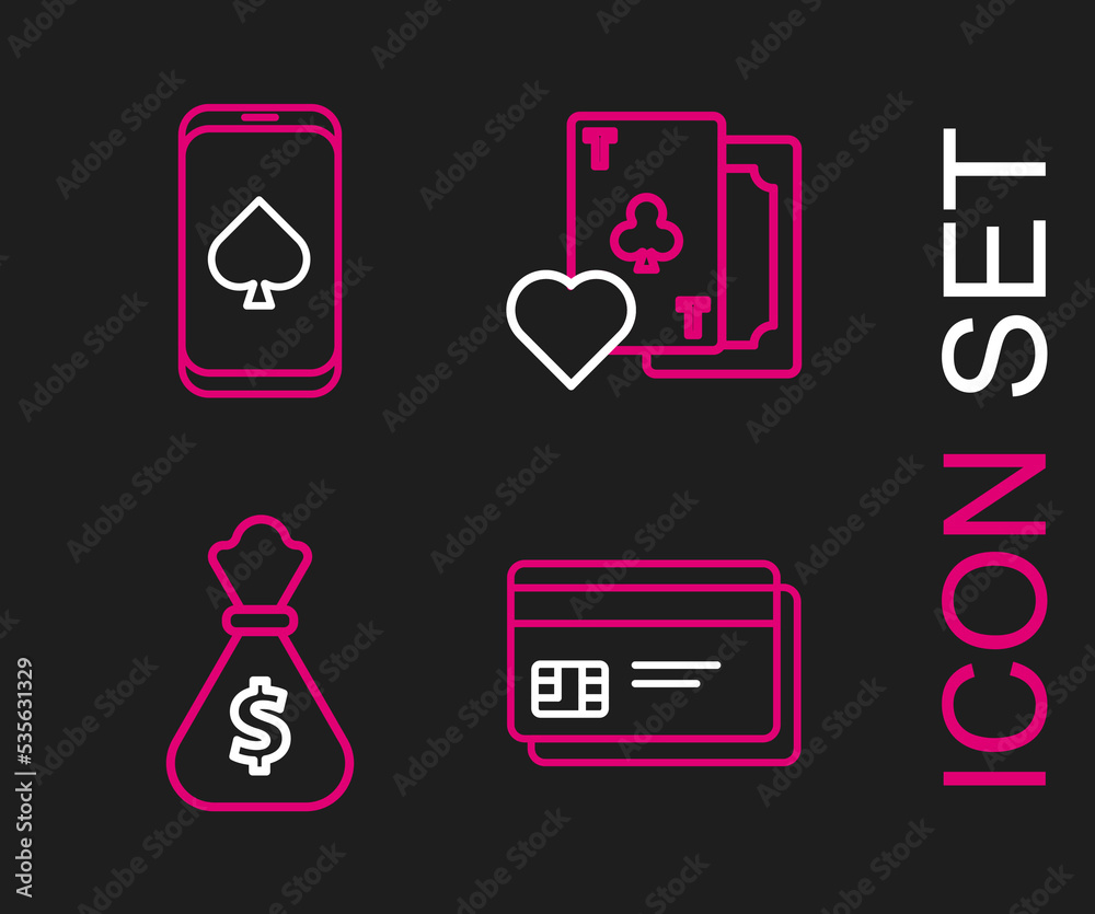 Set line Credit card, Money bag, Playing with clubs symbol and Online poker table game icon. Vector Set line Credit card, Money bag, Playing with clubs symbol and Online poker table game icon. Vector
