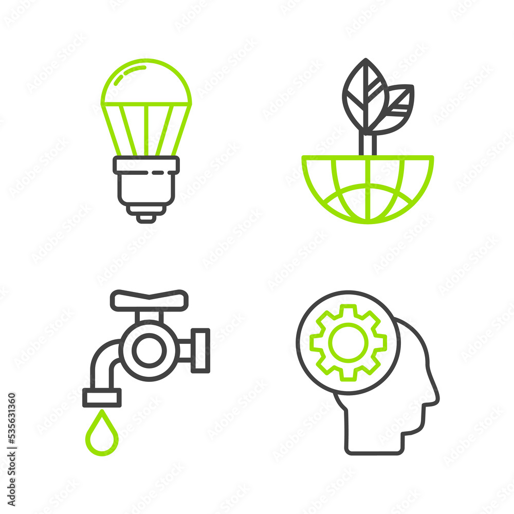 Set line Human head with gear inside, Water tap, Earth globe and leaf and LED light bulb icon. Vector Set line Human head with gear inside, Water tap, Earth globe and leaf and LED light bulb icon. Vector