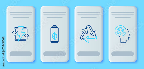 Set line Recycling plastic bottle, Recycle symbol, Recharging and Human head with recycle icon. Vector