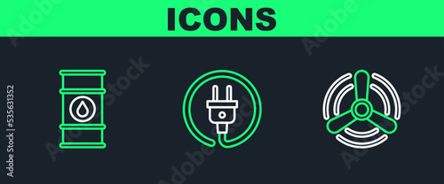 Set line Wind turbine, Oil barrel line and Electric plug icon. Vector
